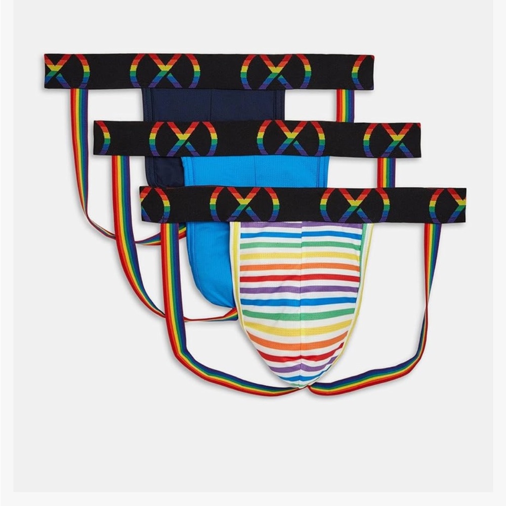 NWT 2(X)IST (X) Sport Mesh Pride Jock Strap 3-Pack Varsity/Electric/Rainbow Sz S